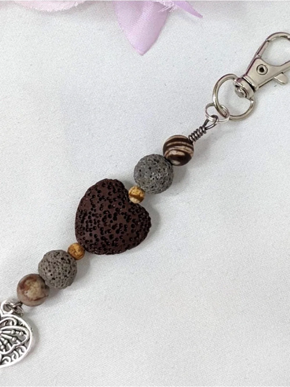 Hand Crafted Brown and Silver Heart Lava Stone Keychain